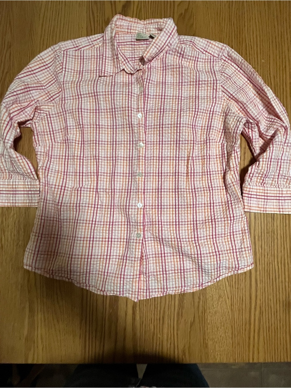 LL Bean Vacationland Seersucker Shirt Womens L Top Button Up Plaid Pink Pastel